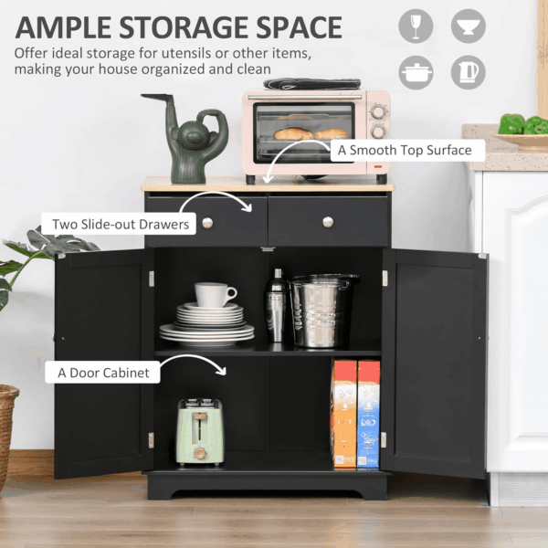 Sideboard with Solid Wood Countertop, Modern Kitchen Storage Cabinet, Coffee Bar Cabinet with 2 Drawers, Doors and Adjustable Shelf, Black - Image 4