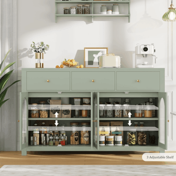 Buffet Cabinet with Storage, 55.1" Large Sideboard Buffet, Farmhouse Kitchen Cabinet with 3 Drawers and 4 Doors, Wood Coffee Bar Table for Kitchen, Green - Image 6