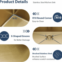 33 Drop in Kitchen Sink Workstation Gold 33X22 Drop in Sinks Stainless Steel 16 Gauge Single Bowl Handmade Topmount Kitchen Sink with Cutting Board - Image 6