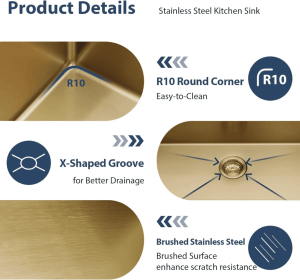 33 Drop in Kitchen Sink Workstation Gold 33X22 Drop in Sinks Stainless Steel 16 Gauge Single Bowl Handmade Topmount Kitchen Sink with Cutting Board - Image 6