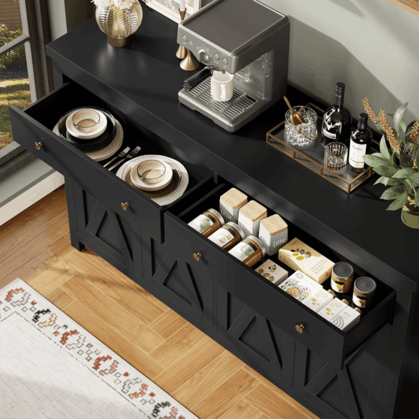 Sideboard Buffet Cabinet with Storage, 55" Large Kitchen Storage Cabinet with 2 Drawers and 4 Doors, Wood Coffee Bar Buffet Table for Kitchen Dining Room, Black - Image 8