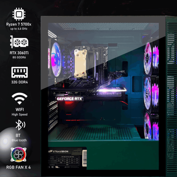Gaming PC Desktop, Geforce RTX 3060 Ti 8G, AMD Ryzen 7 5700X up to 4.6G, 32G DDR4, 1T SSD, 600M Wifi, BT 5.0, RGB Fan X 4, Windows 11 Home - Image 3