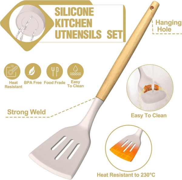 Silicone Kitchen Utensil Set, 34PCS Heat Resistant Kitchen Gadgets and Tools with Grater, Wood Handles for Nonstick Cookware - Image 7
