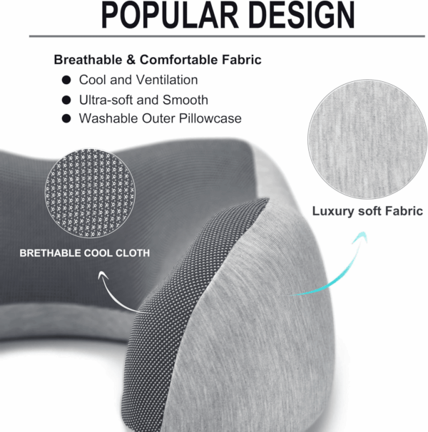 Neck Pillow for Traveling, Upgraded Travel Neck Pillow for Airplane 100% Pure Memory Foam Travel Pillow for Flight Headrest Sleep, Portable Plane Accessories, Light Grey - Image 3