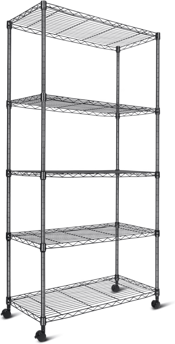 5 Tier Shelving Unit, Adjustable Storage Shelves with Wheels, Wire Shelving, 400 Lbs Capacity per Shelf, Max 2000 Lbs Total for Pantry, Kitchen, Garage, 30" L X 14" W X 59" H, Blacka