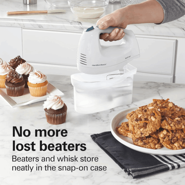 6-Speed Electric Hand Mixer with Whisk, Traditional Beaters, Snap-On Storage Case, 250 Watts, White - Image 2