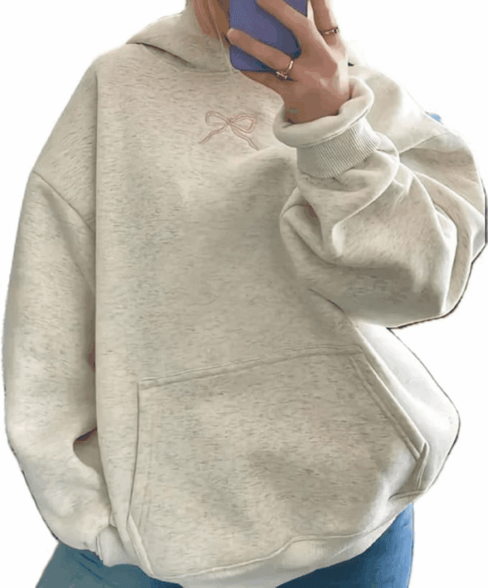 Embroidery Hoodies Women Cute Bowknot Graphic Preppy Pullover for Teen Girl Oversized Long Sleeve Hood Sweatshirt