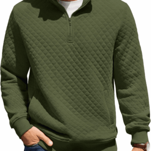 Mens Quarter Zip Pullover Quilted Sweatshirt Knit Long Sleeve Mock Neck Sweater Polo with Pocket