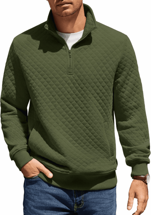 Mens Quarter Zip Pullover Quilted Sweatshirt Knit Long Sleeve Mock Neck Sweater Polo with Pocket