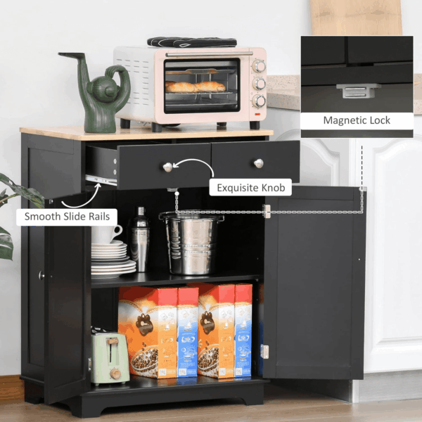 Sideboard with Solid Wood Countertop, Modern Kitchen Storage Cabinet, Coffee Bar Cabinet with 2 Drawers, Doors and Adjustable Shelf, Black - Image 7