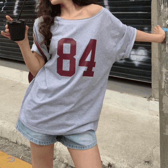 Off the Shoulder Tops for Women Short Sleeve Y2K Jersey Number Graphic Oversized Tshirts E-Girl Tees - Image 5