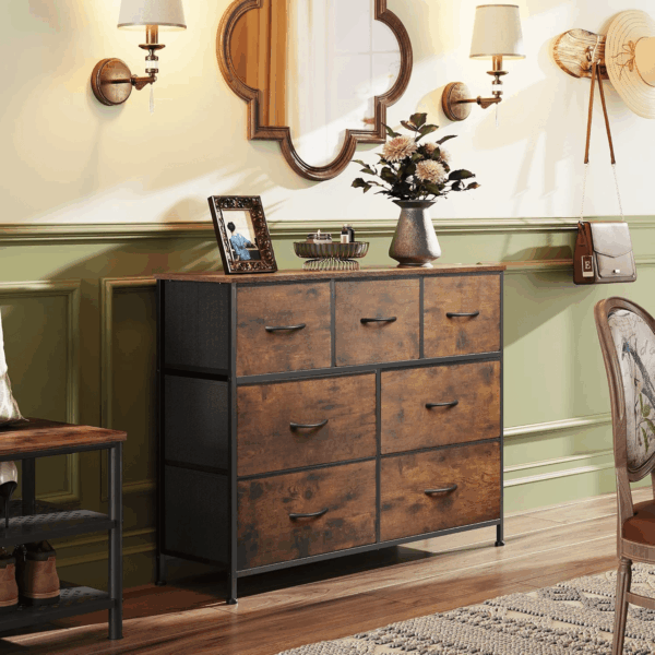 7 Drawer Dresser TV Stand, Entertainment Center, Media Console Table with Metal Frame and Wood Top for TV up to 45 Inch, Chest of Drawers for Bedroom, Living Room, Rustic Brown Wood Grain Print - Image 4