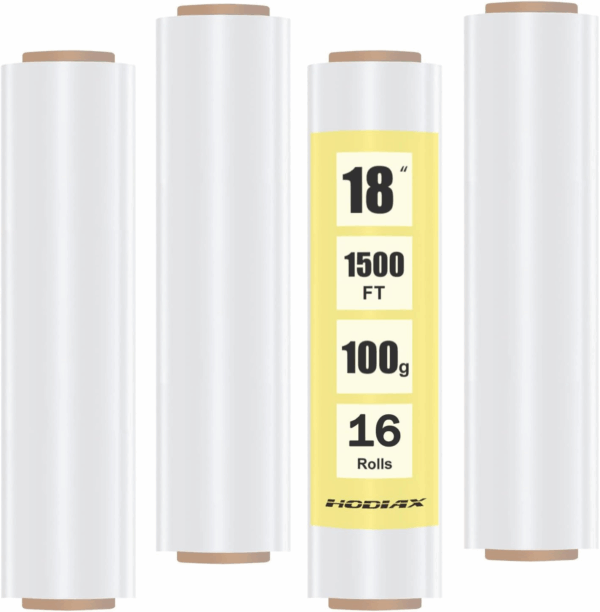 18" Stretch Wrap Film Roll, 1500Ft Industrial Heavy Duty Clear Plastic Wrap with Handles for Pallet Wrapping Shipping Moving Packing (100 Gauge-4 Boxes)