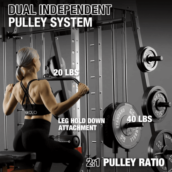 Smith Machine, 2200Lbs Squat Rack with Lat-Pull down System & Cable Crossover Machine, Training Equipment with Leg Hold-Down Attachment - Image 2