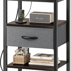 Nightstand with Charging Station, Bed Side Table with Adjustable Fabric Drawer, Night Stand for Bedroom, 3-Tier Storage End Table, for Living Room - Walnut