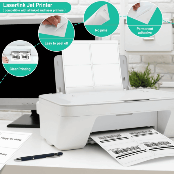 3-1/3" X 4" Printable White Sticker Labels, 300 Labels for Laser/Inkjet Printing - Matte (300 Labels, 50 Sheets) - Image 5