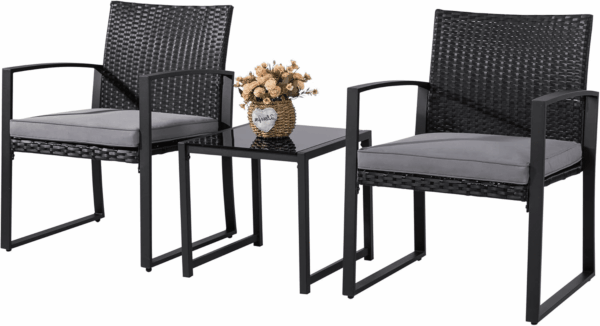 3 Pieces Outdoor Patio Furniture Set, Modern Wicker Bistro Set, Conversation Rattan Chair of 2 with Coffee Table for Yard Porch Poolside Lawn(Grey Cushion) - Image 7