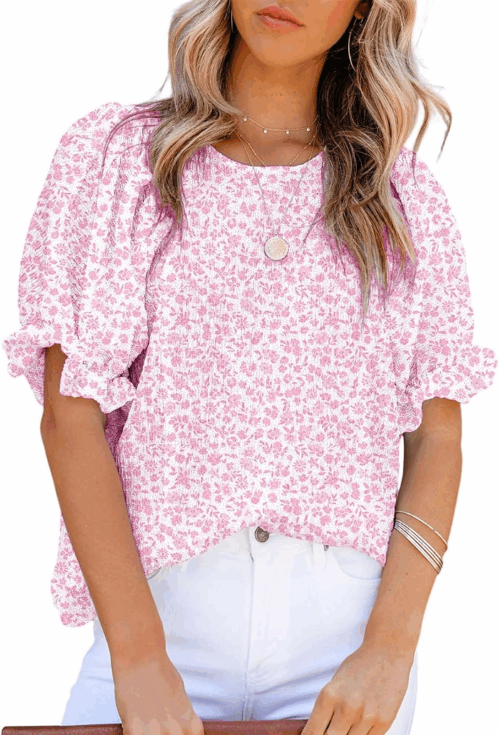 Floral Print Blouses for Women Crewneck Smocked Puff Sleeve Shirts Casual Babydoll Tops