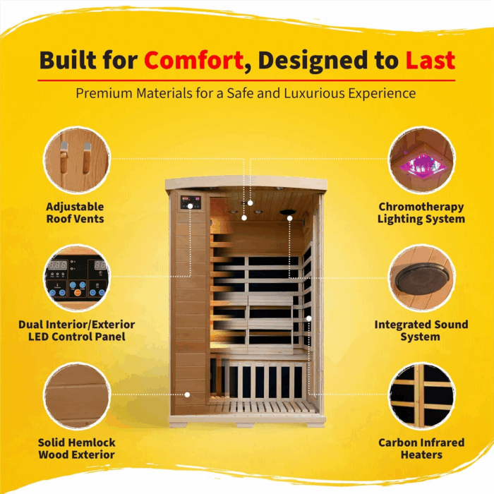HEATWAVE Radiant Saunas 2-Person Hemlock Infrared Sauna with 6 Carbon Heaters, Chromotherapy Lighting, Oxygen Ionizer - Image 3