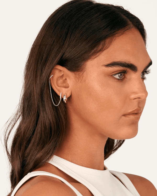 14K Gold Chain Earrings for Women | Double Piercing Dangle Chain Huggie Hoop Earrings | Cubic Zirconia Pearl Stud Ear Cuff Earrings for Women - Image 4
