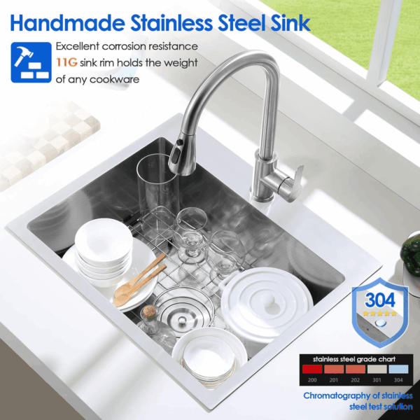 22 X 18 Inch Drop in Kitchen Sink, 9" Deep Single Bowl Kitchen Sinks, T-304 Stainless Steel Topmount Sink with 304 Bottom Grid - Image 2