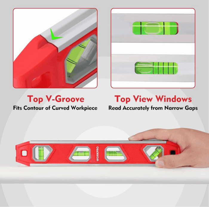 12 Inch Torpedo Level, Magnetic Small Leveler Tool, Plumbing Level with Pitch Vial, Aluminum Reinforced, 4 Bubbles, V-Groove for Conduit Bending - Image 4