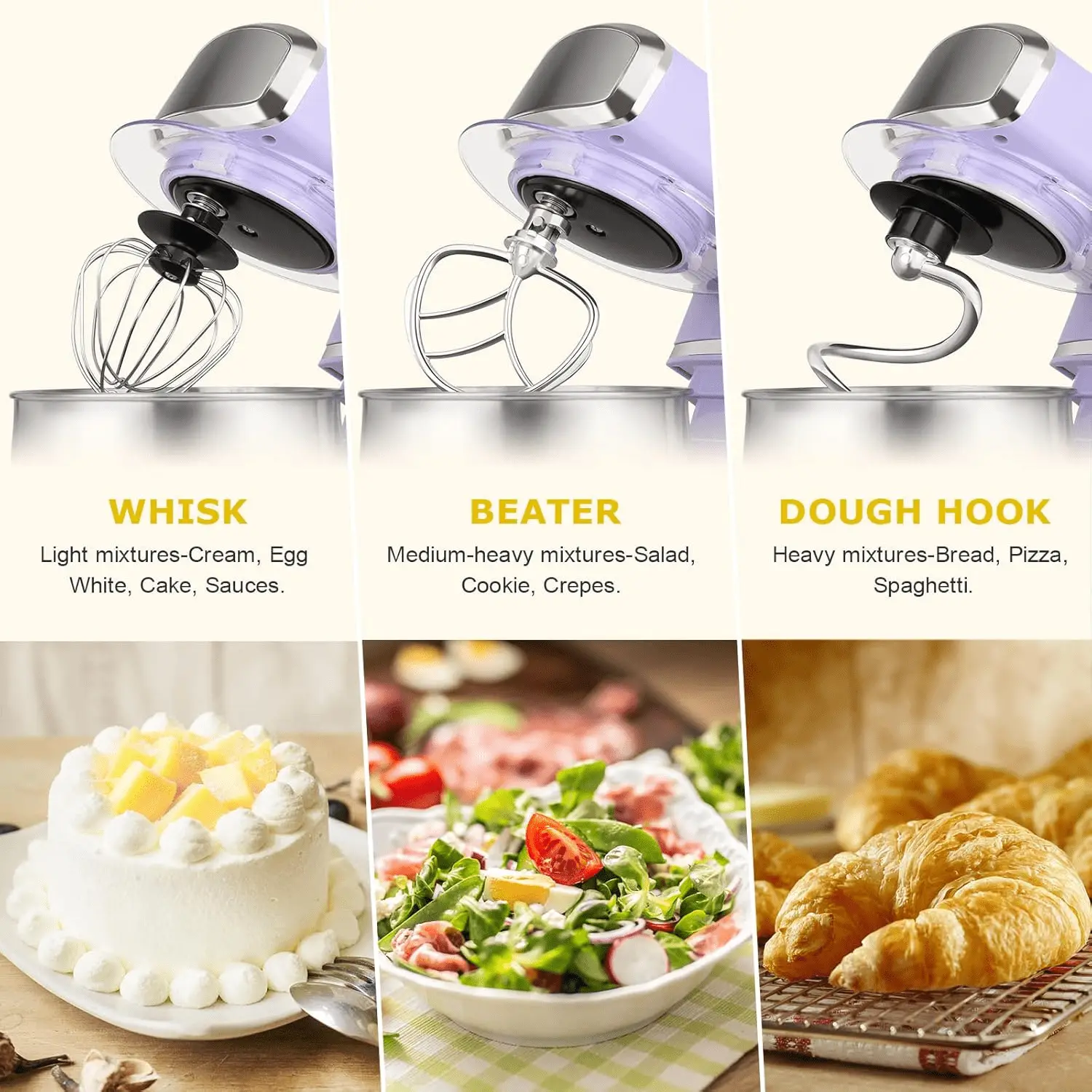 Stand Mixer, 3.2Qt Small Electric Food Mixer,6 Speeds Portable Lightweight Kitchen Mixer for Daily Use with Egg Whisk,Dough Hook,Flat Beater (Purple) - Image 4