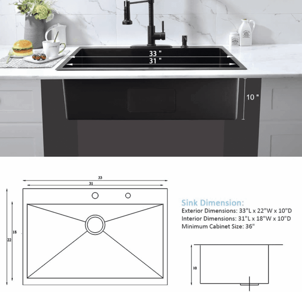 33-Inch Black Stainless Steel Drop-In Kitchen Sink - 33X22 Topmount Single Bowl with Dish Grid & Roll up Rack - 16 Gauge Deep Matte Black - Image 8