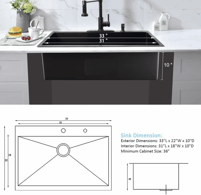 33-Inch Black Stainless Steel Drop-In Kitchen Sink - 33X22 Topmount Single Bowl with Dish Grid & Roll up Rack - 16 Gauge Deep Matte Black - Image 8