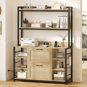 Natural Rustic File Cabinet, 2 Drawer Filing Cabinet, Fits Legal/Letter/A4 Size, 6 Layer Open Storage Shelves, Power Strip & USB Ports, Home Office