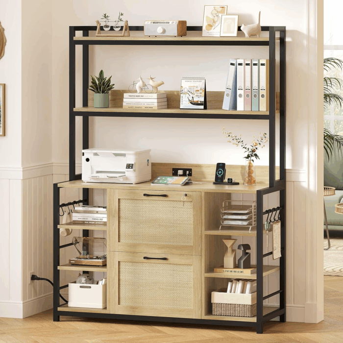 Natural Rustic File Cabinet, 2 Drawer Filing Cabinet, Fits Legal/Letter/A4 Size, 6 Layer Open Storage Shelves, Power Strip & USB Ports, Home Office