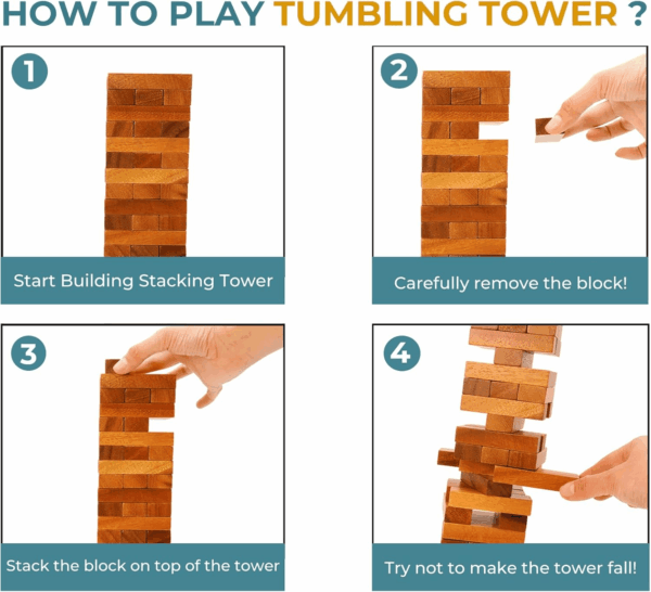 Wood Tumbling Tower - Ideal for Party, Kids Games, Building, Camping, Outdoor Games for Adults and Family, Classic Stacking Block for Challenging Your Skills. - Image 8