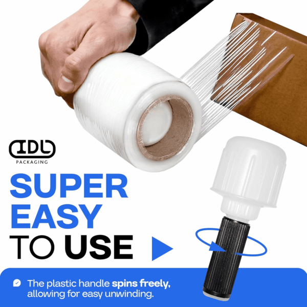 3" Stretch Wrap Mini Roll, 700 Feet, 120 Gauge (Pack of 12) with a Plastic Handle Included – Industrial Grade Clear Plastic Wrap – Improved Protection for Packing, Moving, or Office - Image 4