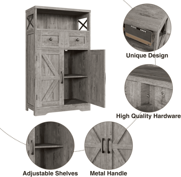 Farmhouse Storage Cabinet with Drawers and Adjustable Shelves, Freestanding Kitchen Pantry Storage Cabinet, Floor Storage Cupboard for Dining Living Room Home Office, Washed Grey - Image 7