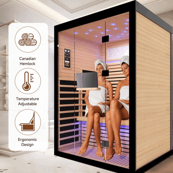 2 Person Infrared Sauna Room Far Infrared Saunas Home Canadian Hemlock Indoor 2160W Low-Emf Dry Saunas with Oxygen Bar 7 Color Therapy 53.1 * 47.2 * 74.8Inch - Image 2