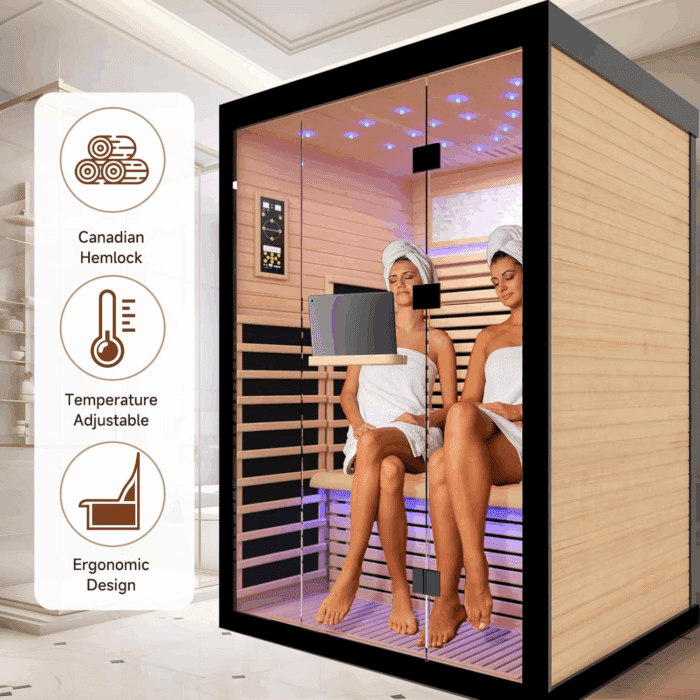 2 Person Infrared Sauna Room Far Infrared Saunas Home Canadian Hemlock Indoor 2160W Low-Emf Dry Saunas with Oxygen Bar 7 Color Therapy 53.1 * 47.2 * 74.8Inch - Image 2
