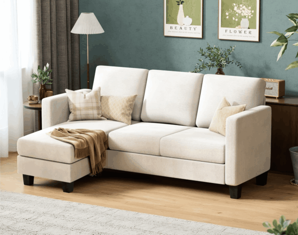 Convertible Sectional Sofa Couch, 3 Seat L-Shaped Sofa with Linen Fabric Ottoman Small Couch for Small Apartments, Living Room and Office (Linen Fabric, White) - Image 4