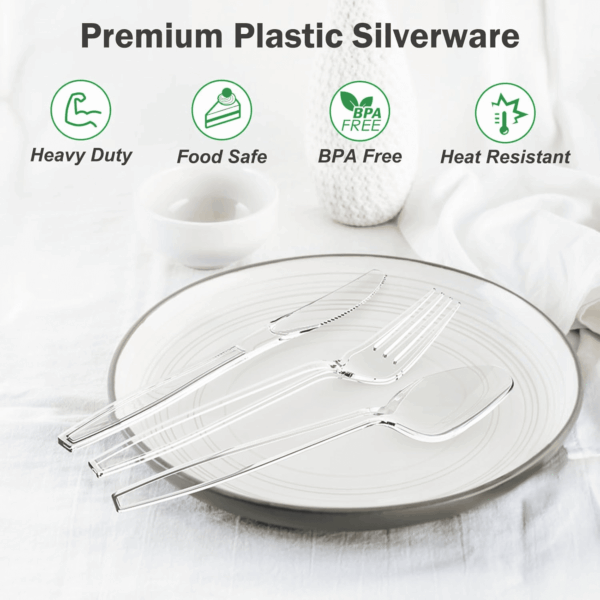 300 Count Extra Heavy Duty Clear Plastic Silverware, 100 Forks, 100 Spoons, 100 Knives, Bpa-Free, Heat Resistant, Disposable Plastic Utensils Set, Plastic Cutlery Set, Plasticware Bulk - Image 3