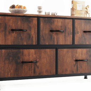 Dresser for Bedroom with 5 Drawers, Wide Chest of Drawers, Fabric Bedroom Dresser with Drawer Organizers, Storage Organizer Unit with Fabric Bins for Closet, Living Room, Hallway, Rustic Brown