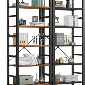5-Tier Book Shelf Tall Modern Bookcase Set of 2 for Books, Cds, Movies, Storage and Organization Bookshelf Industrial Home Decor for Bedroom Office Kitchen Living Room, Black & Brown