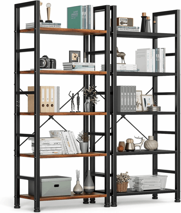 5-Tier Book Shelf Tall Modern Bookcase Set of 2 for Books, Cds, Movies, Storage and Organization Bookshelf Industrial Home Decor for Bedroom Office Kitchen Living Room, Black & Brown