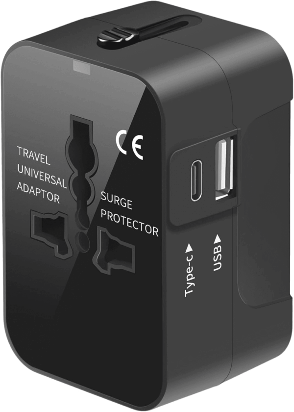 Travel Adapter, Worldwide All in One Universal Travel Adaptor AC Power Plug Adapter Wall Charger with USB-C and USB-A Charging Ports for USA EU UK AUS Black