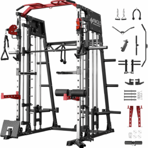 Smith Machine, 2200Lbs Squat Rack with Lat-Pull down System & Cable Crossover Machine, Training Equipment with Leg Hold-Down Attachment