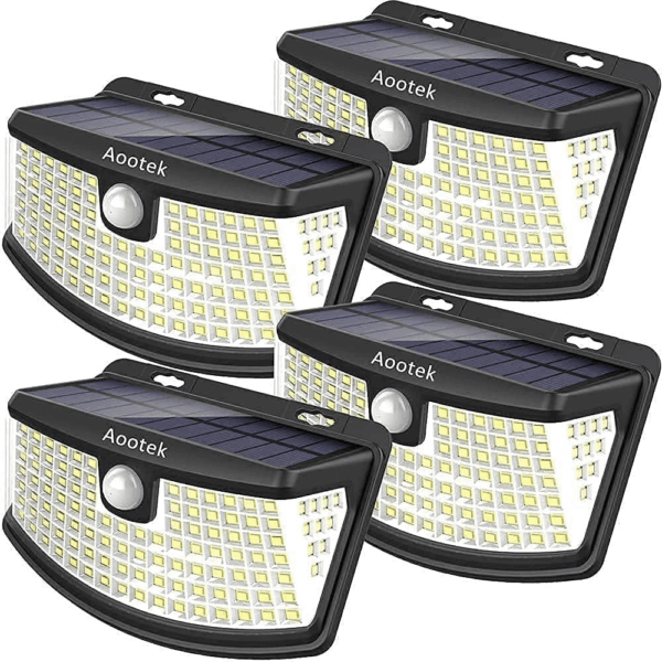 New Solar Motion Sensor Lights 120 Leds with Lights Reflector,270° Wide Angle, IP65 Waterproof, Step Lights for Front Door, Yard, Garage, Deck (Back Button 4-Pack)