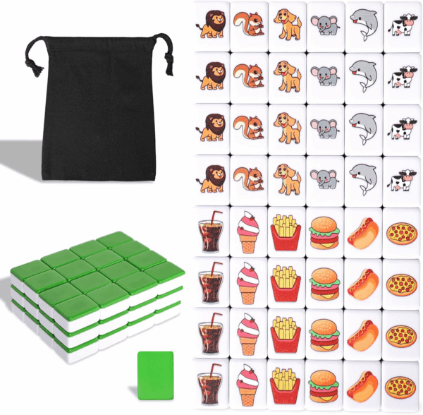 2 Players Mahjong Block Set, Mahjong Tile Game with 50 Premium Green Tiles(30Mm) Animal and Food Pattern, Portable Mahjongg Set with a Carry Bag
