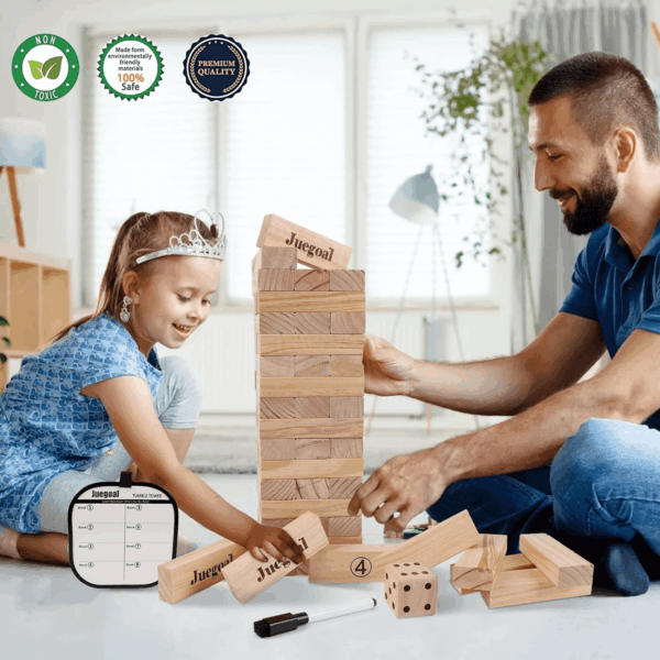 54 Pieces Giant Tumble Tower Blocks Game Giant Wood Stacking Game with 1 Dice Set Canvas Bag for Adult, Kids, Family - Image 3