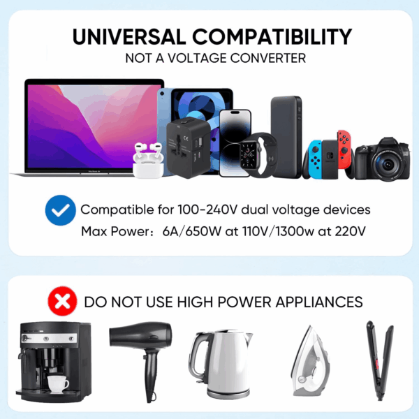 Travel Adapter, Worldwide All in One Universal Travel Adaptor AC Power Plug Adapter Wall Charger with USB-C and USB-A Charging Ports for USA EU UK AUS Black - Image 6