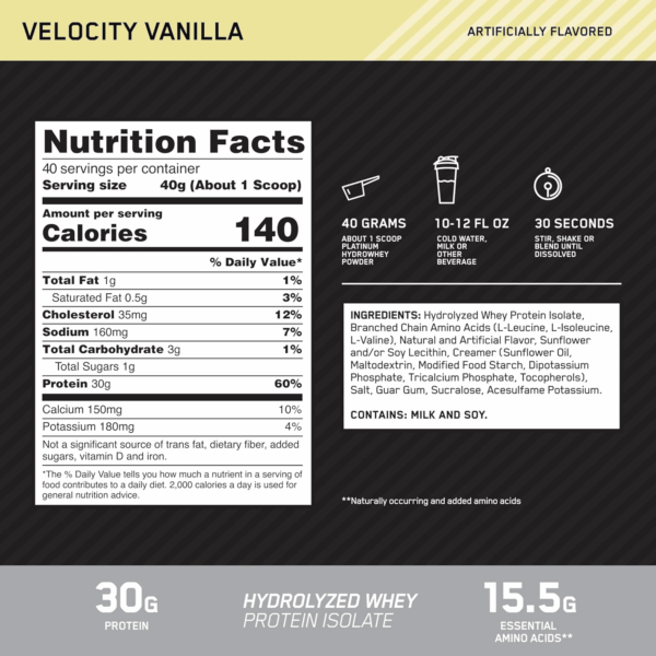 Platinum Hydrowhey Protein Powder, 100% Hydrolyzed Whey Isolate Powder, Flavor: Velocity Vanilla, 3.5 Pounds (Packaging May Vary) - Image 3