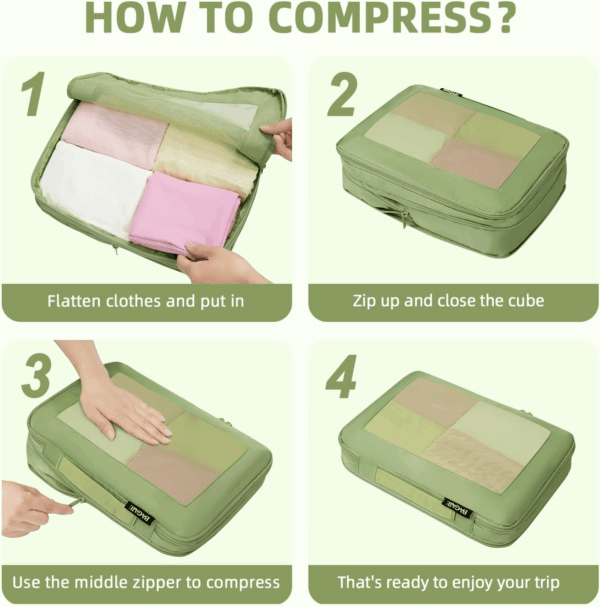 4 Set/6 Set/8 Set Compression Packing Cubes Travel Accessories Expandable Packing Organizers(Matchagreen Squaremesh 6 Set) - Image 4