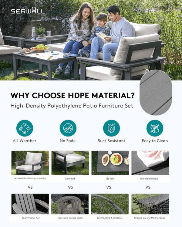 HDPE Outdoor Patio Furniture Set, 7-Piece Outdoor Sectional Patio Conversation Set, All Weather Outdoor Couch Set Patio Sofa Set for Deck, Lawn, Grey Frame with Khaki Cushion - Image 4